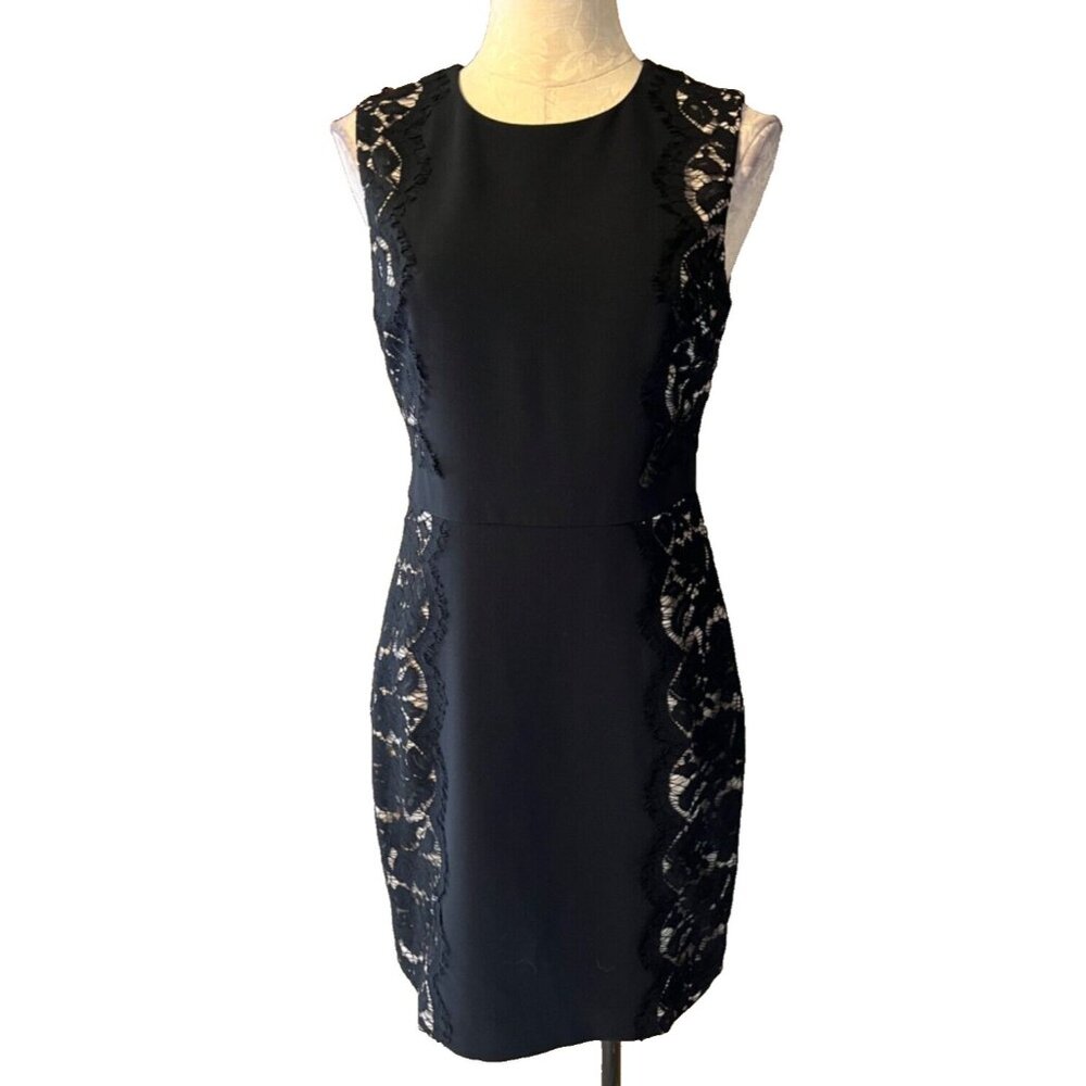 J Crew Sheath Dress 6 Black Lace Panel Trim Stretch Career Church Sleeveless - Picture 2 of 10